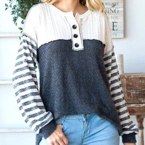 Cable Knit Color Block Top (Charcoal)